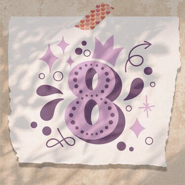 Dekorative Zahl 8 in lila mit Krone, Punkten und Sternen auf gerissenem Papier