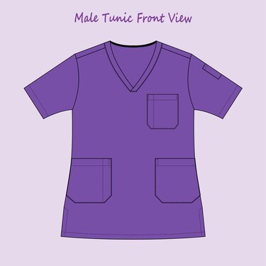 Flat front illustration of a men's purple V-neck tunic with chest and hip patch pockets and visible topstitching.