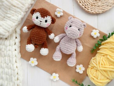 SET of 5 low sew crochet patterns: lion, giraffe, hippo, elephant, monkey