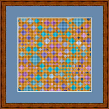 Kreuzstich-Zählvorlage mit regelmäßigen Rauten in Türkis, Hellblau und Violett auf orangefarbenem Hintergrund