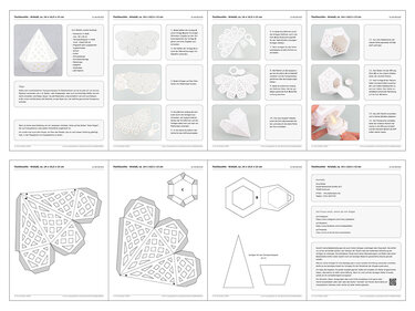 Nummerierte Schnittmuster und Schritt-für-Schritt-Anleitung für eine geometrische Papier-Kristallleuchte