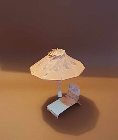 Origami Geldschein Sonnenschirm mit Sonnenliege (*) - Basteln