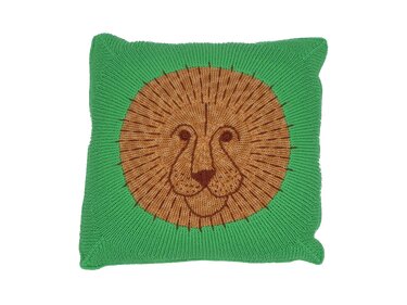 Grüner gestrickter Kissenbezug mit braunem Löwenkopf