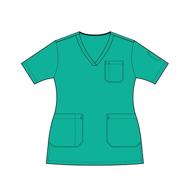 Teal women's V-neck scrub tunic with chest pocket and two hip patch pockets