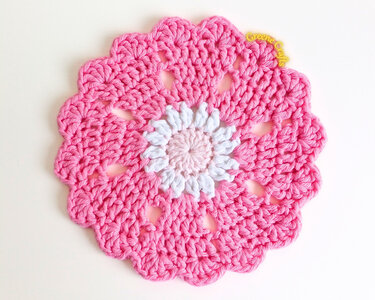 Round pink crocheted potholder with white daisy center and scalloped edge