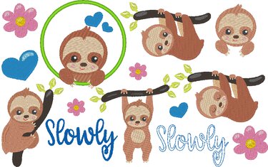 Gestickte Faultiere in verschiedenen Posen, Herzen, Blumen und Schriftzug ‚Slowly‘
