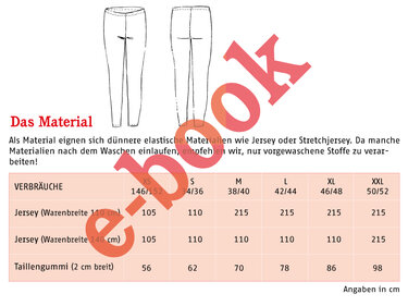 Technische Skizzen einer Leggings Vorder- und Rückansicht mit Verbrauchstabelle für Jersey und Taillengummi