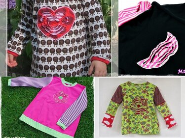 Collage: vier bestickte Kinder-Langarmshirts mit Herz-, Blumen- und Applikationsmotiven