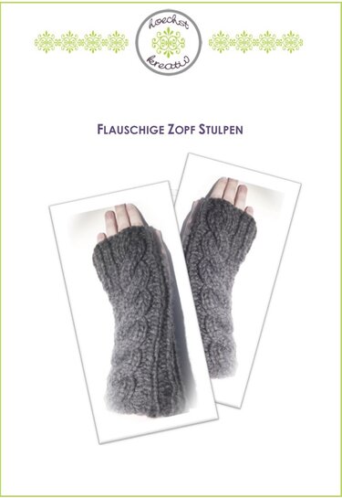 Gestrickte graue, fingerlose Stulpen mit Zopfmuster an Händen