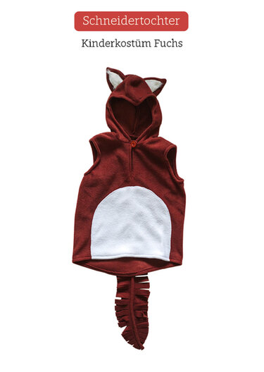 Ärmellose Kapuzenweste für Kinder in Fuchsoptik mit weißer Bauchapplikation und gefranstem Schwanz