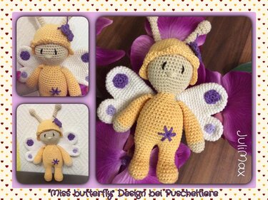Amigurumi Schmetterlingspuppe gelb mit weißen Flügeln und lila Punkten