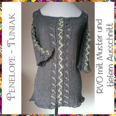 Grau gestrickte Tunika mit mittiger Ajourborte und neon-gelber Garnkante