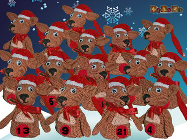 Gehäkelte Rentier-Täschchen mit Zahlen für Adventskalender