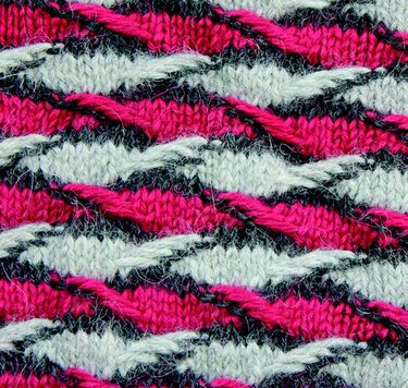 Strickstoff mit quer verlaufenden Wellenstreifen in Fuchsia, Grau und Dunkelgrau, Nahaufnahme