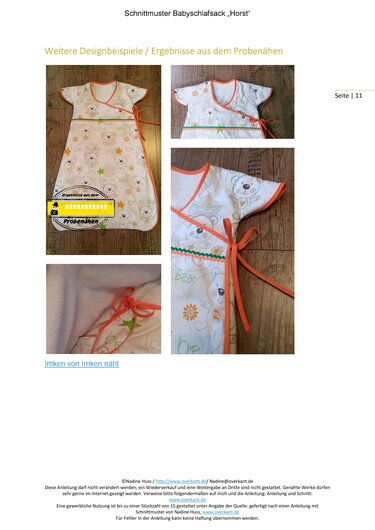 Weißer Baby-Schlafsack mit Teddybär-Motiv, orangefarbener Einfassung und Bindebändern