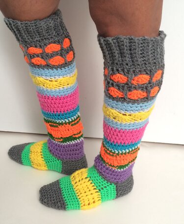 Crochet Colourful Knee High Socks, PDF Pattern