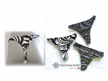 Four black and white bikini bottoms: one geometric pattern on a mannequin and three flat-laid styles (floral, abstract, textured).
