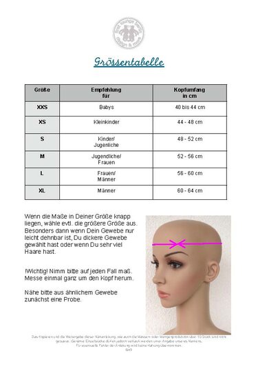 Größentabelle für Mützen (XXS–XL) und Mannequinkopf mit markierter Messlinie