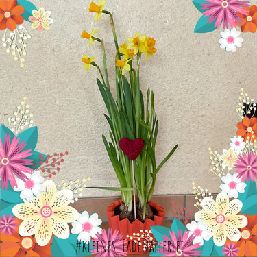 Topf mit gelben Narzissen und rotem gehäkeltem Herz auf Stab, dekorativer Blumenrahmen