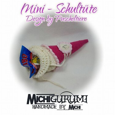 Offene gehäkelte Mini-Schultüte in Rosa und Weiß, mit Süßigkeit befüllbar