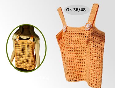 Gehäkeltes orangefarbenes Damen-Top mit Lochmuster und kleinen Blüten auf den Trägern. Größenhinweis: Gr. 36–48.