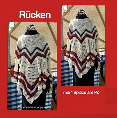 Rücken einer weiß gehäkelten Damenjacke mit offenen Maschen, rot-blauen Zickzackstreifen und spitzem Saum