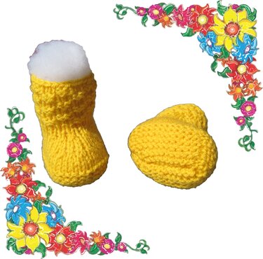 Gelbe gestrickte Babyschuhe, ein stehender und ein liegender Schuh, auf weißem Hintergrund mit floralem Rahmen