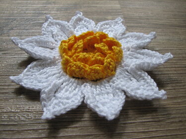 Gehäkelte Blume mit weißen Blütenblättern und gelbem Zentrum auf Holz