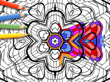 Mandala-Malvorlage, teilweise mit Buntstiften ausgemalt