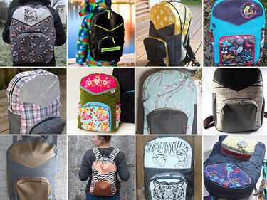 Collage aus zwölf genähten Rucksäcken mit verschiedenen Mustern und Fronttaschen