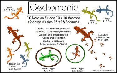 Stickdatei GeckoMania, kombiniert für 10x10 und 13x18 Rahmen - Sticken