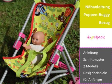 Detailaufnahme eines Puppenbuggy-Bezugs mit Gurt, roter Paspel und Befestigungsstellen am Gestell