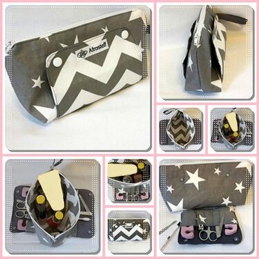 Grau-weiße Stofftasche mit Sternen- und Zickzackmuster, Reißverschluss und Außentasche; Collage mit offenen und geschlossenen Ansichten.