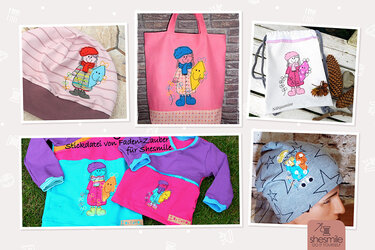 Gesticktes Mädchen mit Mütze hält lächelnden Stern auf Tasche, Mütze und Shirt