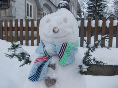 Schneemann mit mehrfarbigem Strickschal, Karottennase und Tannenzweigarmen.