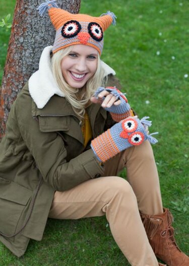 Mütze & Armstlupen im Eulen-Look häkeln