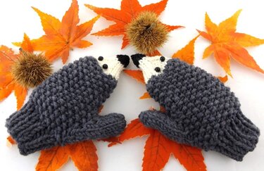 Zwei handgestrickte graue Igel-Stulpen mit weißen Gesichtern sowie schwarzen Augen und Nasen, umgeben von orangen Herbstblättern und Kastanien auf weißem Hintergrund.