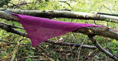 Violettes Dreieckstuch mit Lochmuster auf moosigem Ast
