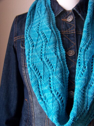 Detailansicht türkiser gestrickter Loop mit Ajour-Lochmuster