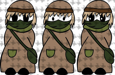 Three hooded figures in brown robes with green scarves and crossbody bags, bold outlines and flat colors