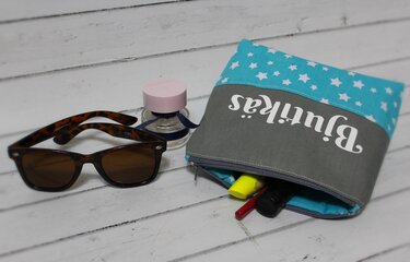 Graue und türkise Kosmetiktasche mit weißen Sternen, braune Sonnenbrille und kleine Parfümflasche auf hellem Holz.