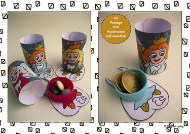 Papierrollen mit gezeichneten Zahnfee-Motiven auf herzförmigen Karten und Kunststoff-Deckeln mit Münzen und Süßigkeiten