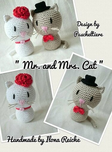 Zwei gehäkelte Amigurumi-Katzen: weiße mit roter Blume und beige mit schwarzem Zylinder