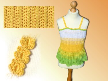 Mannequin trägt gehäkeltes Top in Gelb, Weiß und Grün mit Volant; zwei Nahaufnahmen zeigen die Maschenstruktur und die dekorativen Träger