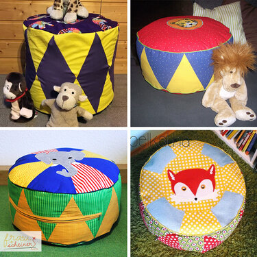Vier bunte, runde Sitzpoufs mit Dreieckspanelen und applizierten Tiermotiven