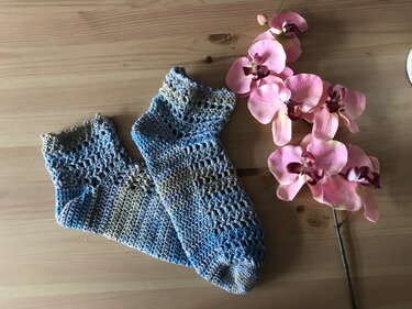 Blau
beige melierte, gehäkelte Damensocken mit Lochmuster auf Holztisch neben rosafarbenen Orchideen.