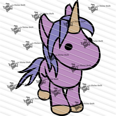 Stilisiertes lila Einhorn mit violetter Mähne und Schweif, beigem Horn und schwarzer Kontur