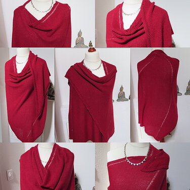 Collage mit mehreren Ansichten eines roten, asymmetrischen Stricktuchs auf einer Schneiderpuppe