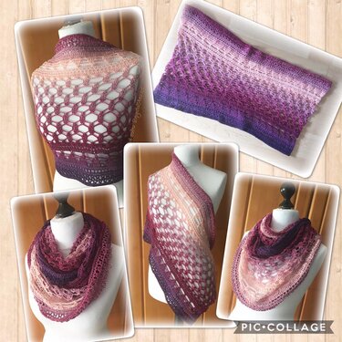 Collage mit mehreren Ansichten eines offenen Häkel-Loops in Rosa bis Violett, unterschiedlich drapiert