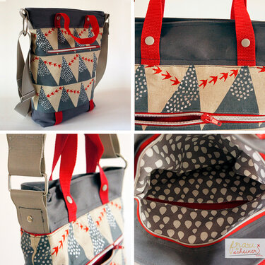 Umhängetasche in Grau und Beige mit Dreiecksmuster, roten Tragehenkeln und Frontreißverschluss